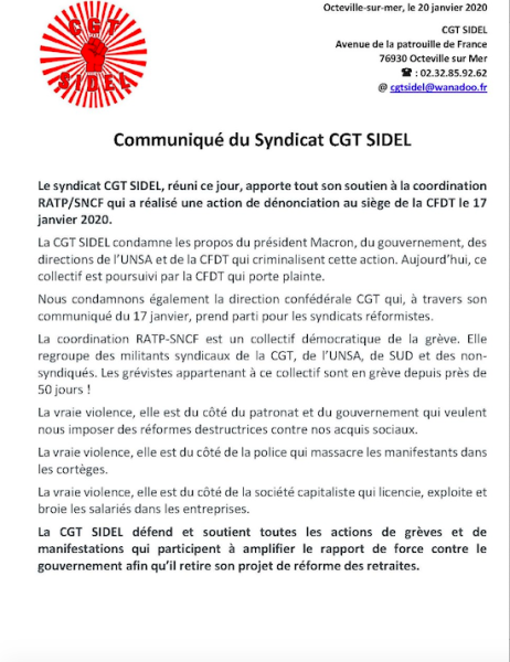 Communiqué CGT Sidel : "Soutien à la Coordination RATP-SNCF"