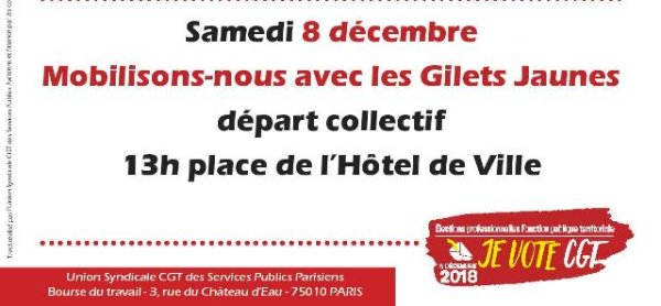 La CGT Services Publics de Paris appelle aussi à converger avec les gilets jaunes ce samedi