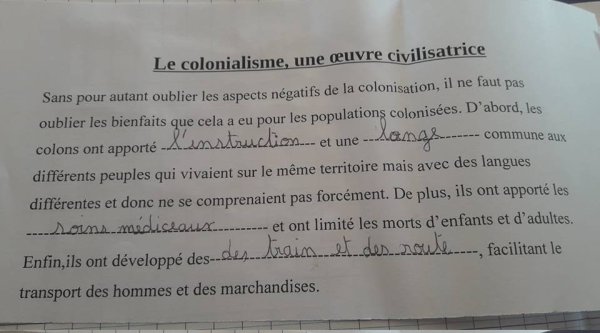 Dans une classe de CM2, un devoir intitulé « Le colonialisme, une œuvre civilisatrice »
