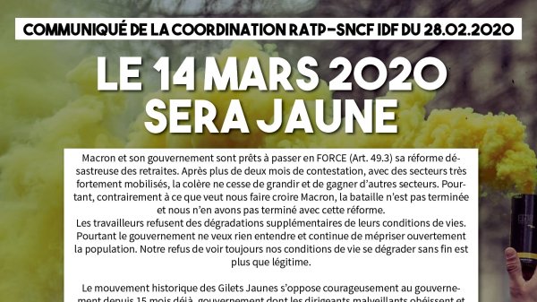 La coordination RATP-SNCF appelle à rejoindre les Gilets jaunes le 14 mars