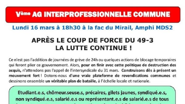 L'AG interpro de Toulouse rejoint l'appel à une rencontre nationale pour construire la grève générale 