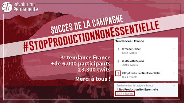 Plus de 6k participants et 23,3k tweets : #StopProductionNonEssentielle top tendance Twitter !