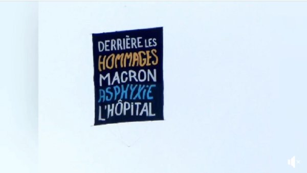 « Derrière les hommages, Macron asphyxie l'hôpital » : une banderole survole les Champs-Élysées ce 14 juillet