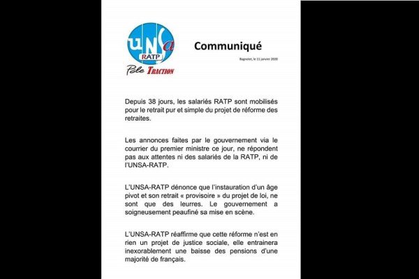 Après la trahison d'Escure, l'UNSA RATP Pôle Traction : "les salariés RATP sont mobilisés pour le retrait pur et simple"