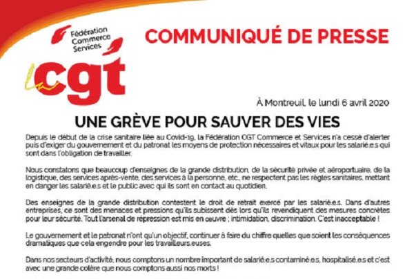 « Une grève pour sauver des vies », la CGT Commerce et Services appelle à la grève à partir de mercredi 8 avril