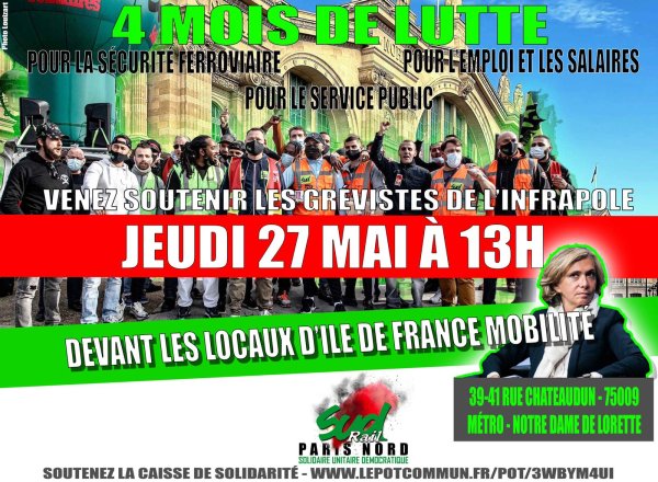 [Reporté] Soutien aux grévistes de l'Infrapôle face à la SNCF et Pécresse : tous à IDF Mobilités le 27 mai !
