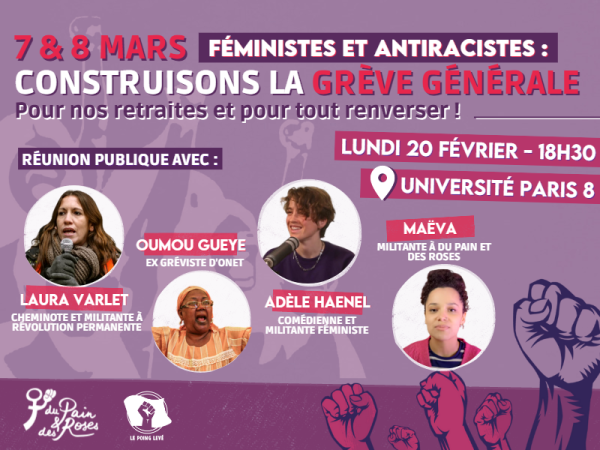 Réunion publique à Paris 8 avec Adèle Haenel et Oumou Gueye : construisons la grève générale pour le 8 mars !